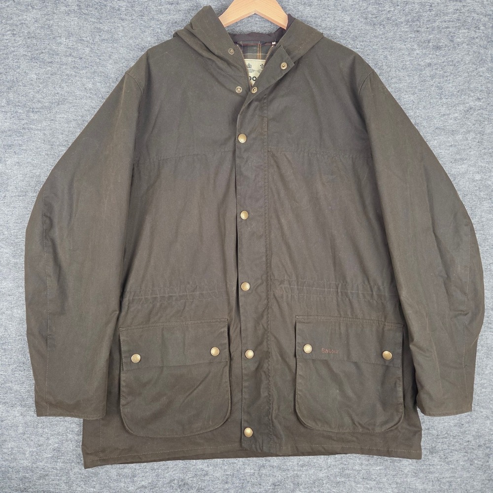 Barbour Waxed Cotton Hooded Jacket Mens XXL Olive Green Tartan Lined Coat